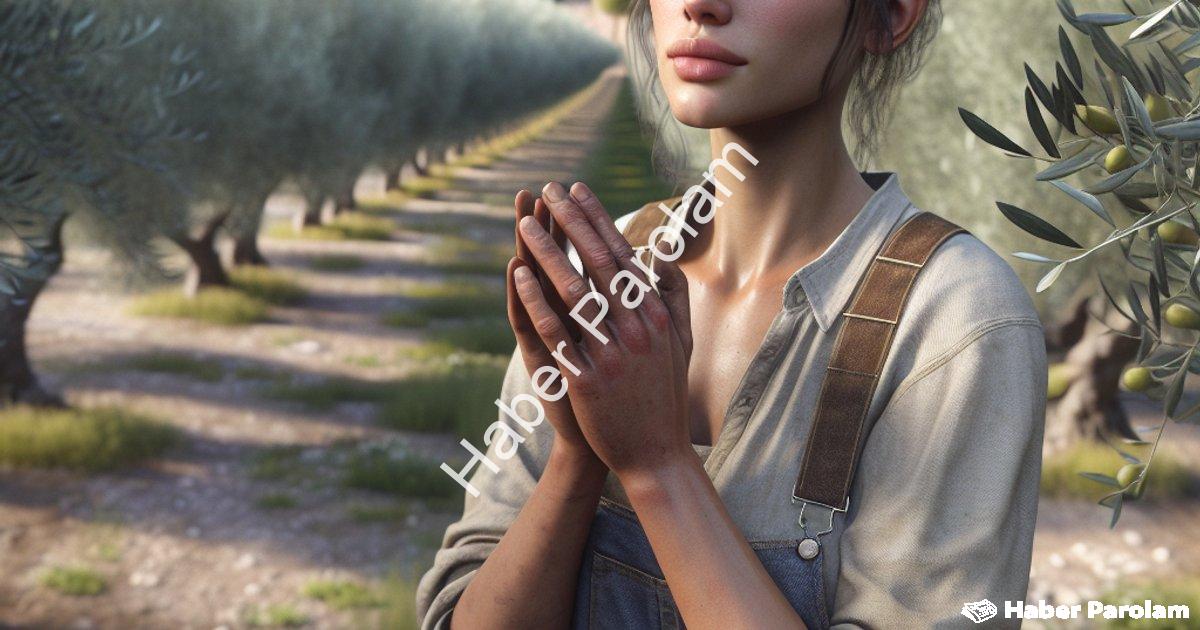 "Genç kadın çiftçi Gül Dural huzuru zeytin bahçesinde buldu" başlıklı haber için fotorealistik, prof