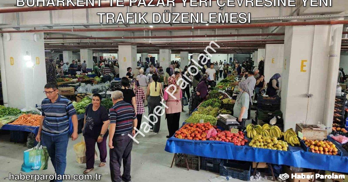 "Buharkent'te Pazar Yeri Çevresine Yeni Trafik Düzenlemesi" başlıklı haber için fotorealistik, profe